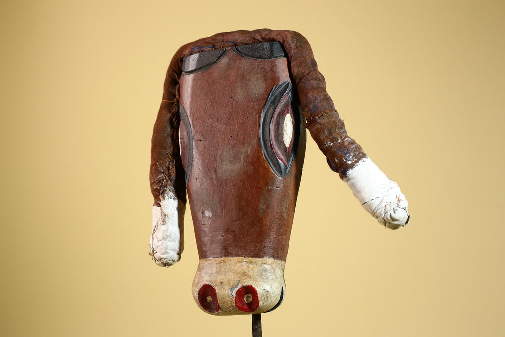 African Tribal Mask Carved Wood Horns Raffia Details Congo Wall Decor-G5924
