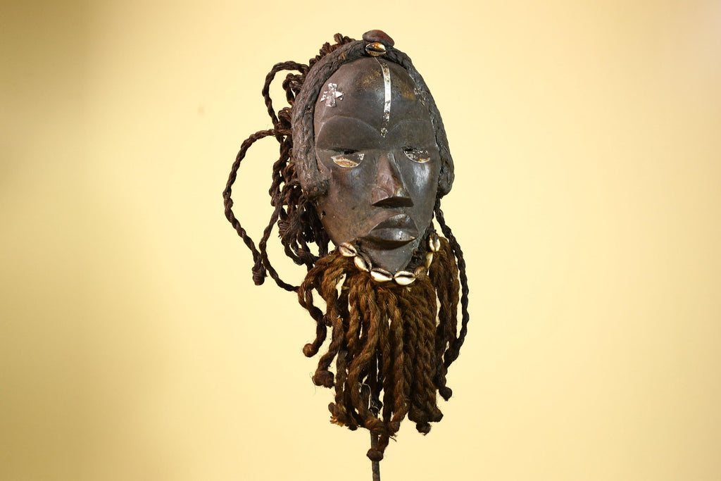 Antique Dan Mask with Braided Beard Cowrie Detail African Ritual Art-G6012