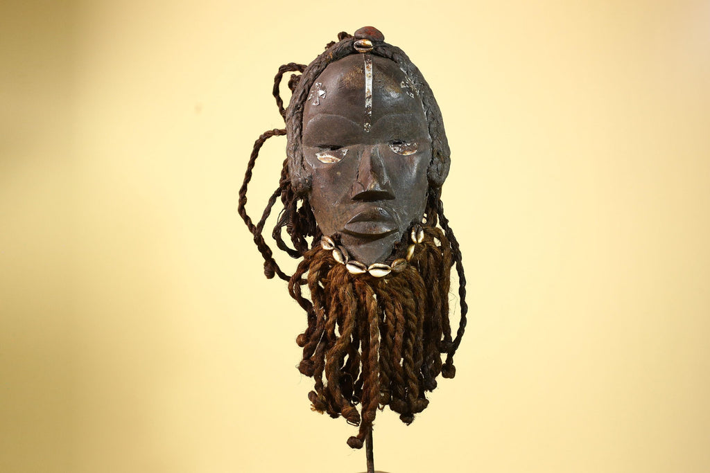 Antique Dan Mask with Braided Beard Cowrie Detail African Ritual Art-G6012