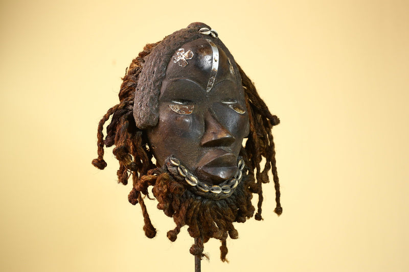 Antique Dan Mask Côte d'Ivoire African Tribal Art Cowrie Braids Metal Art-G6013