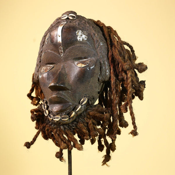 Antique Dan Mask Côte d'Ivoire African Tribal Art Cowrie Braids Metal Art-G6013