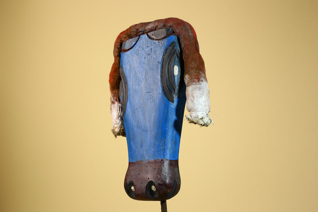 African Tribal Mask Carved Wood Blue Painted Design West Africa Wall Decor-G5926