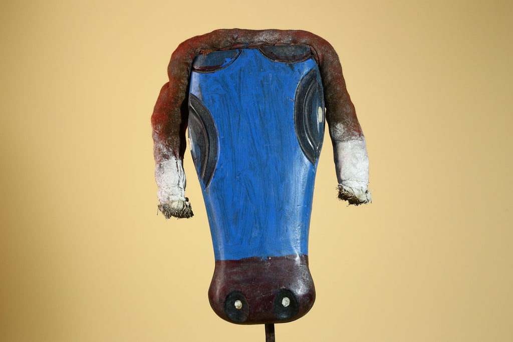 African Tribal Mask Carved Wood Blue Painted Design West Africa Wall Decor-G5926