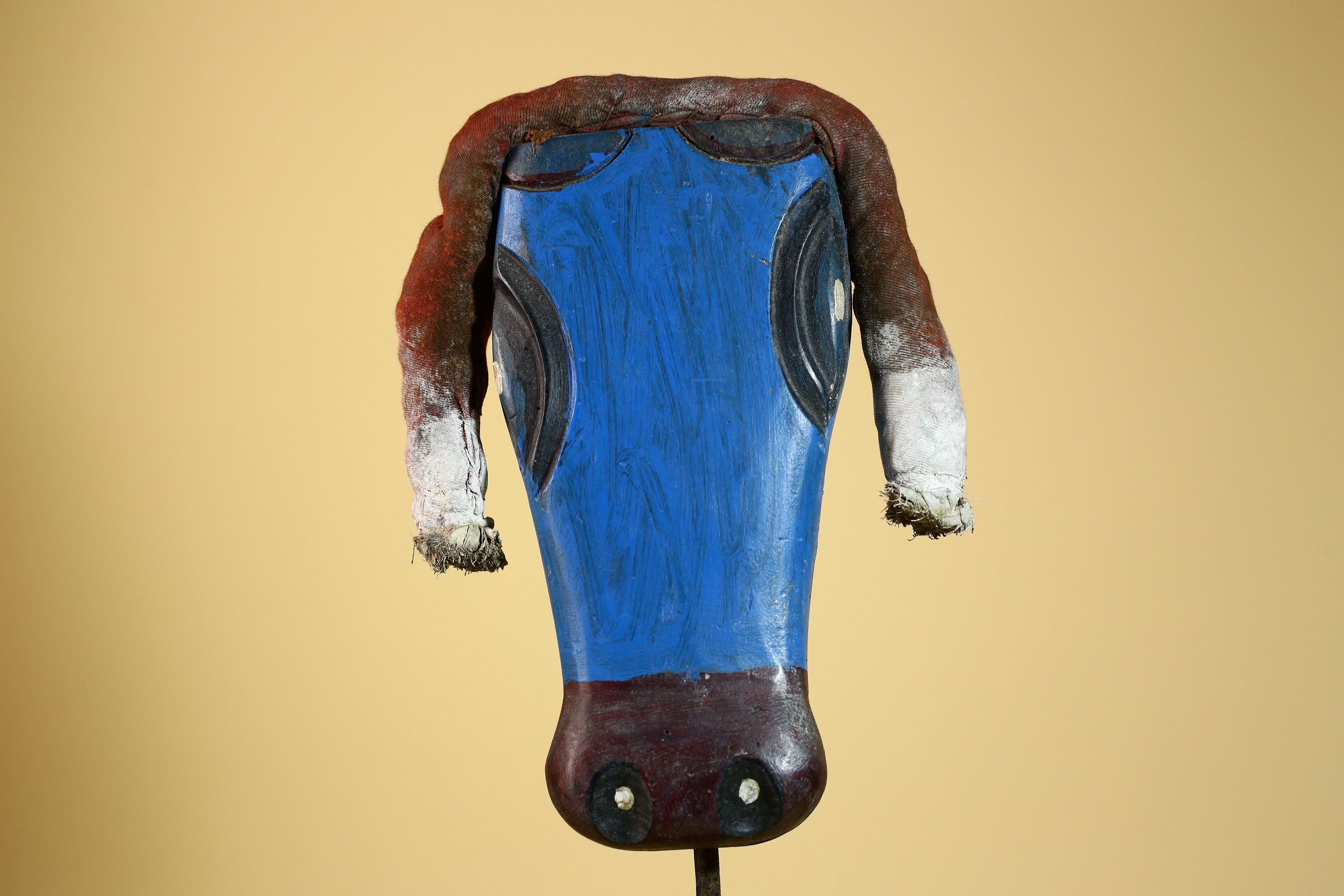 African Tribal Mask Carved Wood Blue Painted Design West Africa Wall Decor-G5926