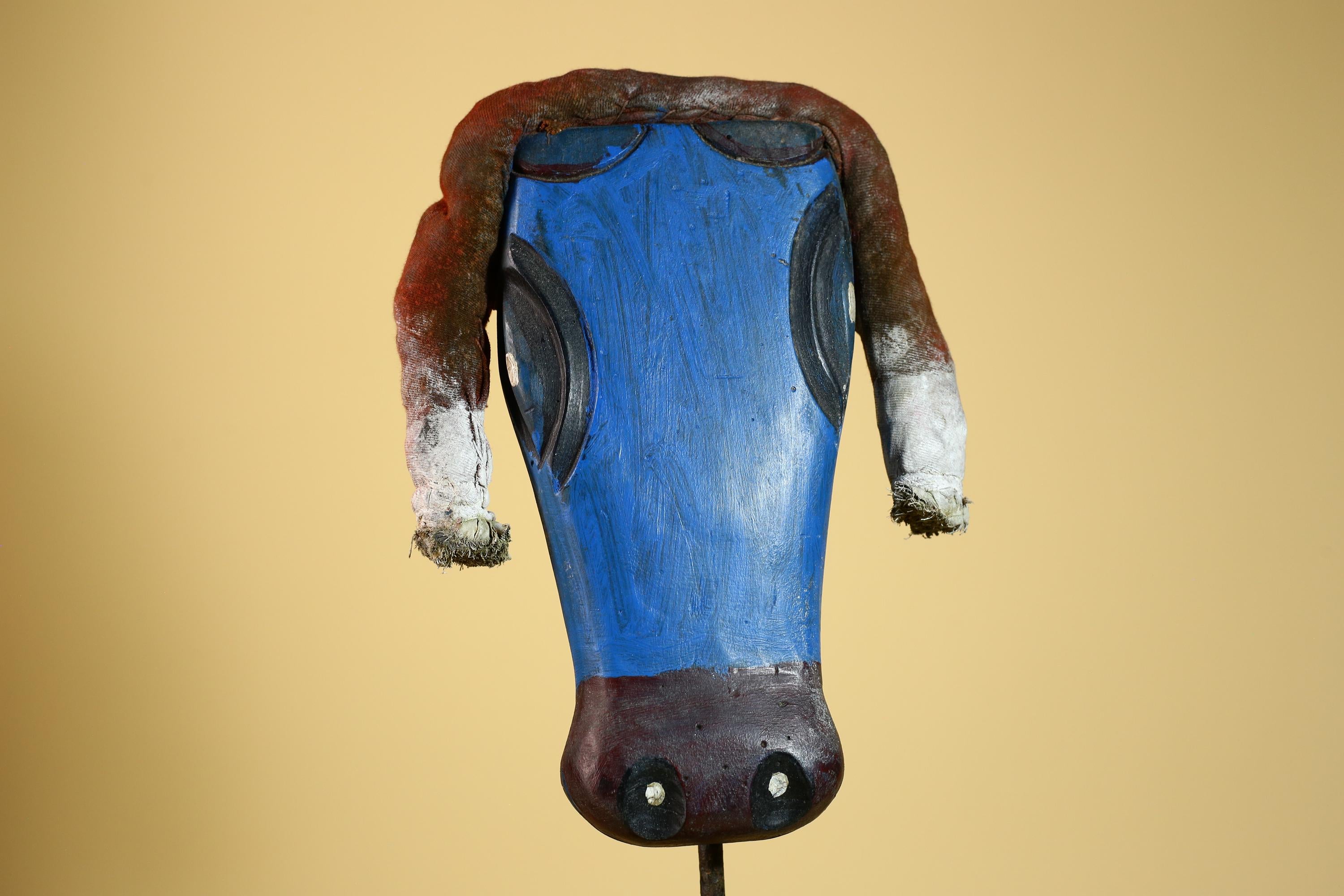 African Tribal Mask Carved Wood Blue Painted Design West Africa Wall Decor-G5926