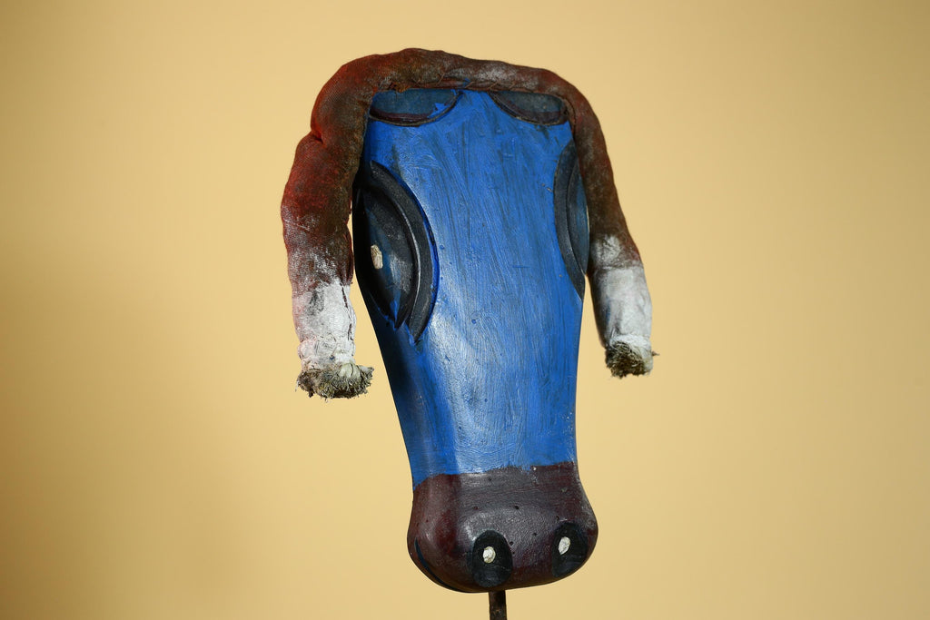 African Tribal Mask Carved Wood Blue Painted Design West Africa Wall Decor-G5926