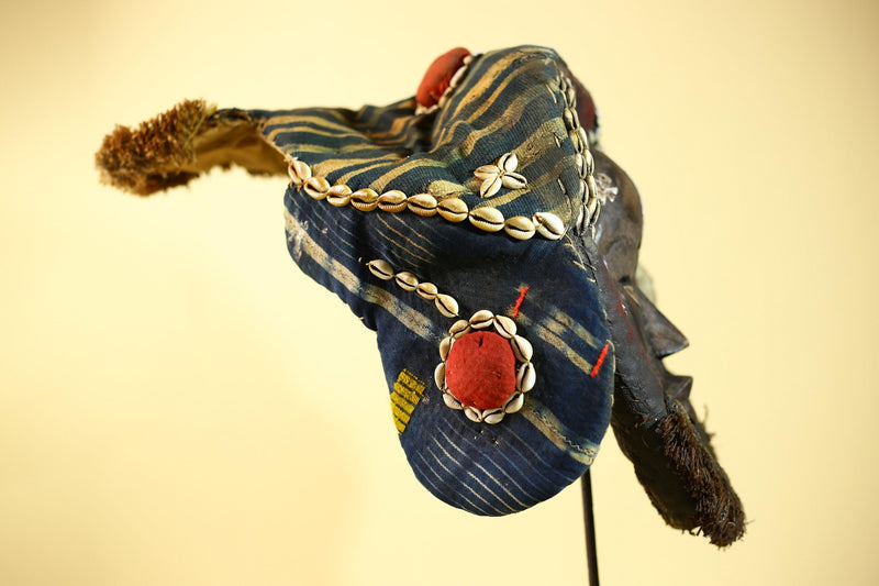 African Antique Dan Mask Côte d'Ivoire Cowrie Headpiece Wood Carved Tribal-G6014