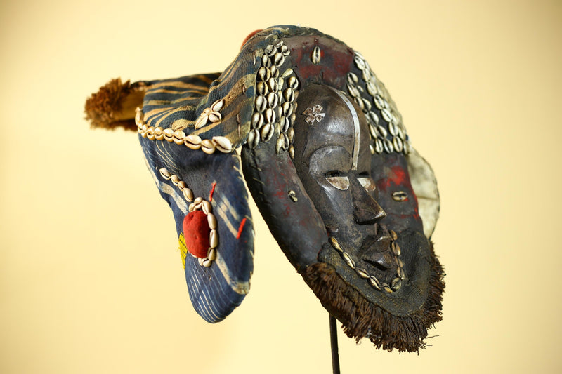 African Antique Dan Mask Côte d'Ivoire Cowrie Headpiece Wood Carved Tribal-G6014