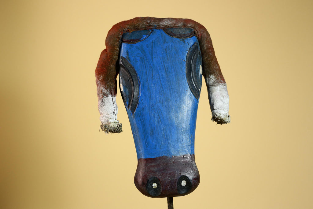 African Tribal Mask Carved Wood Blue Painted Design West Africa Wall Decor-G5926