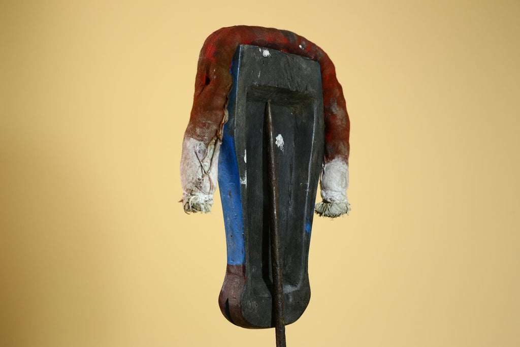 African Tribal Mask Carved Wood Blue Painted Design West Africa Wall Decor-G5926