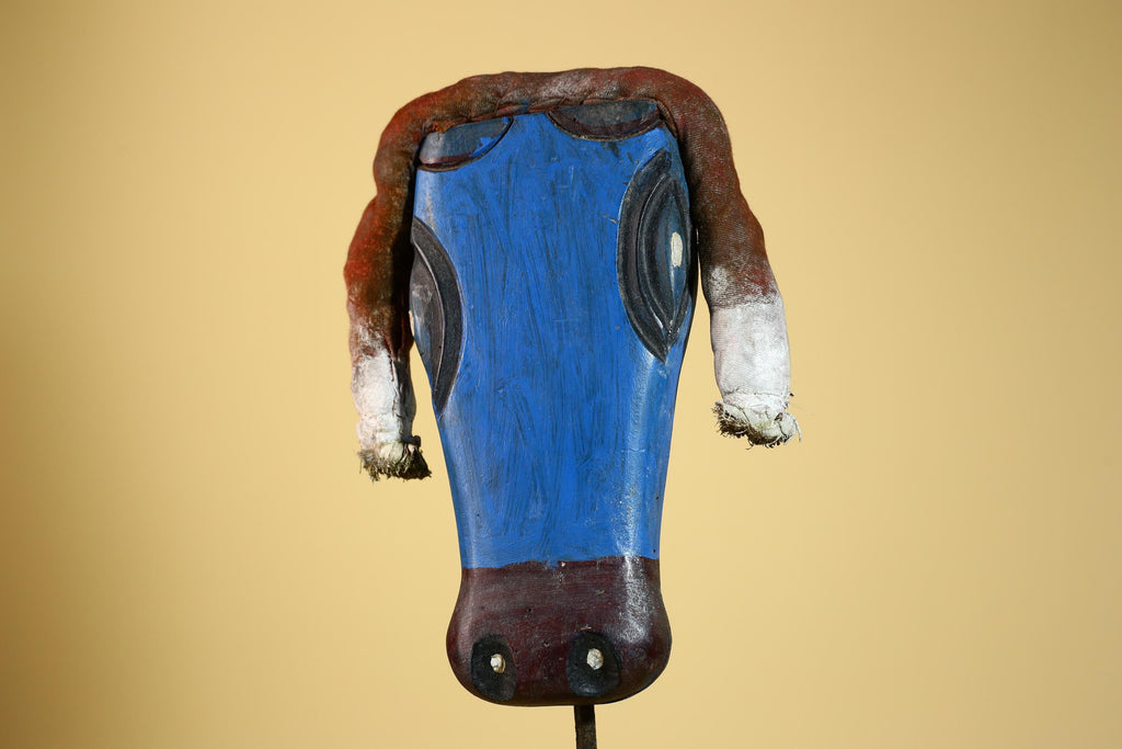 African Tribal Mask Carved Wood Blue Painted Design West Africa Wall Decor-G5926