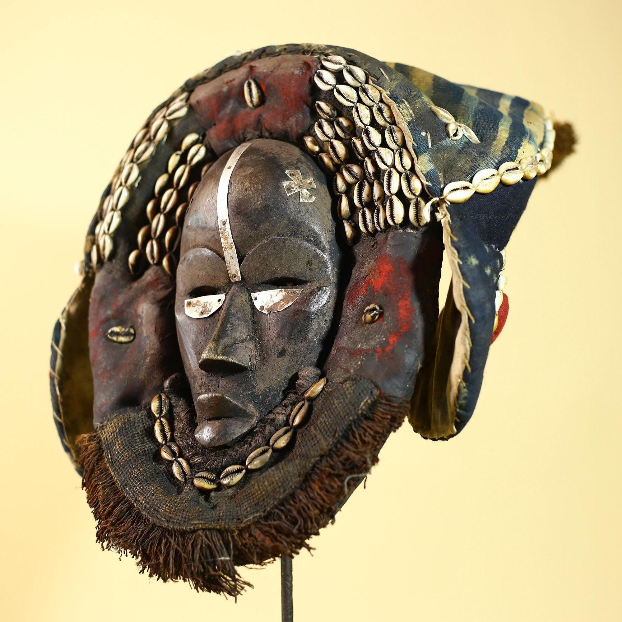 African Antique Dan Mask Côte d'Ivoire Cowrie Headpiece Wood Carved Tribal-G6014