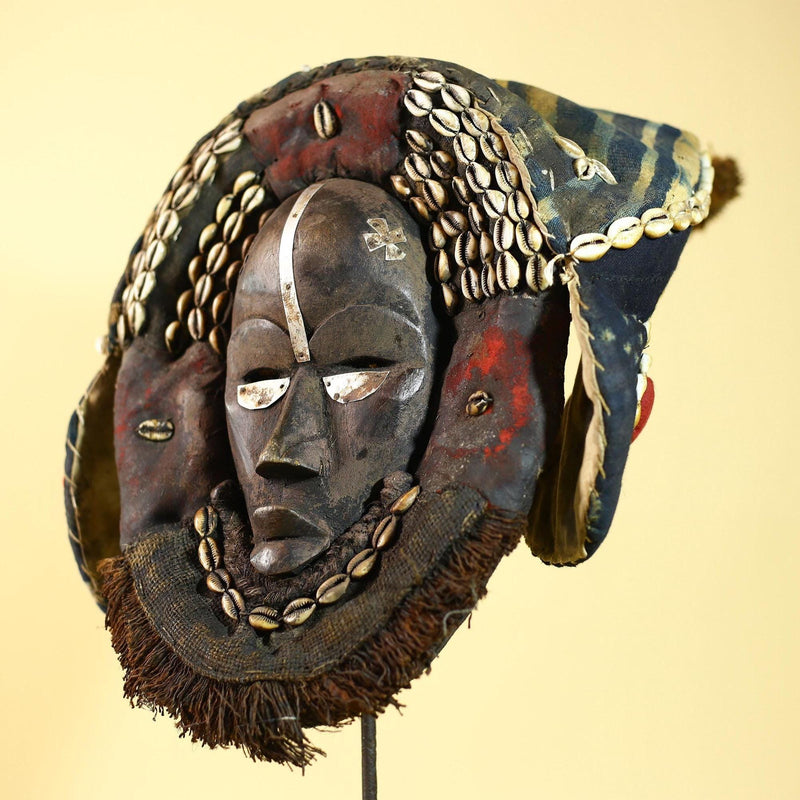 African Antique Dan Mask Côte d'Ivoire Cowrie Headpiece Wood Carved Tribal-G6014