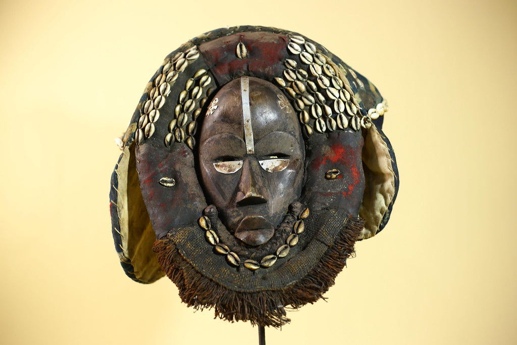 African Antique Dan Mask Côte d'Ivoire Cowrie Headpiece Wood Carved Tribal-G6014