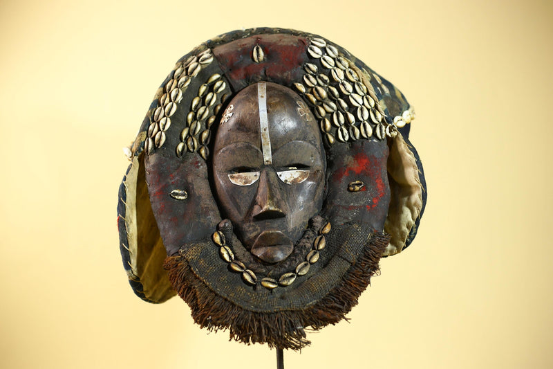 African Antique Dan Mask Côte d'Ivoire Cowrie Headpiece Wood Carved Tribal-G6014