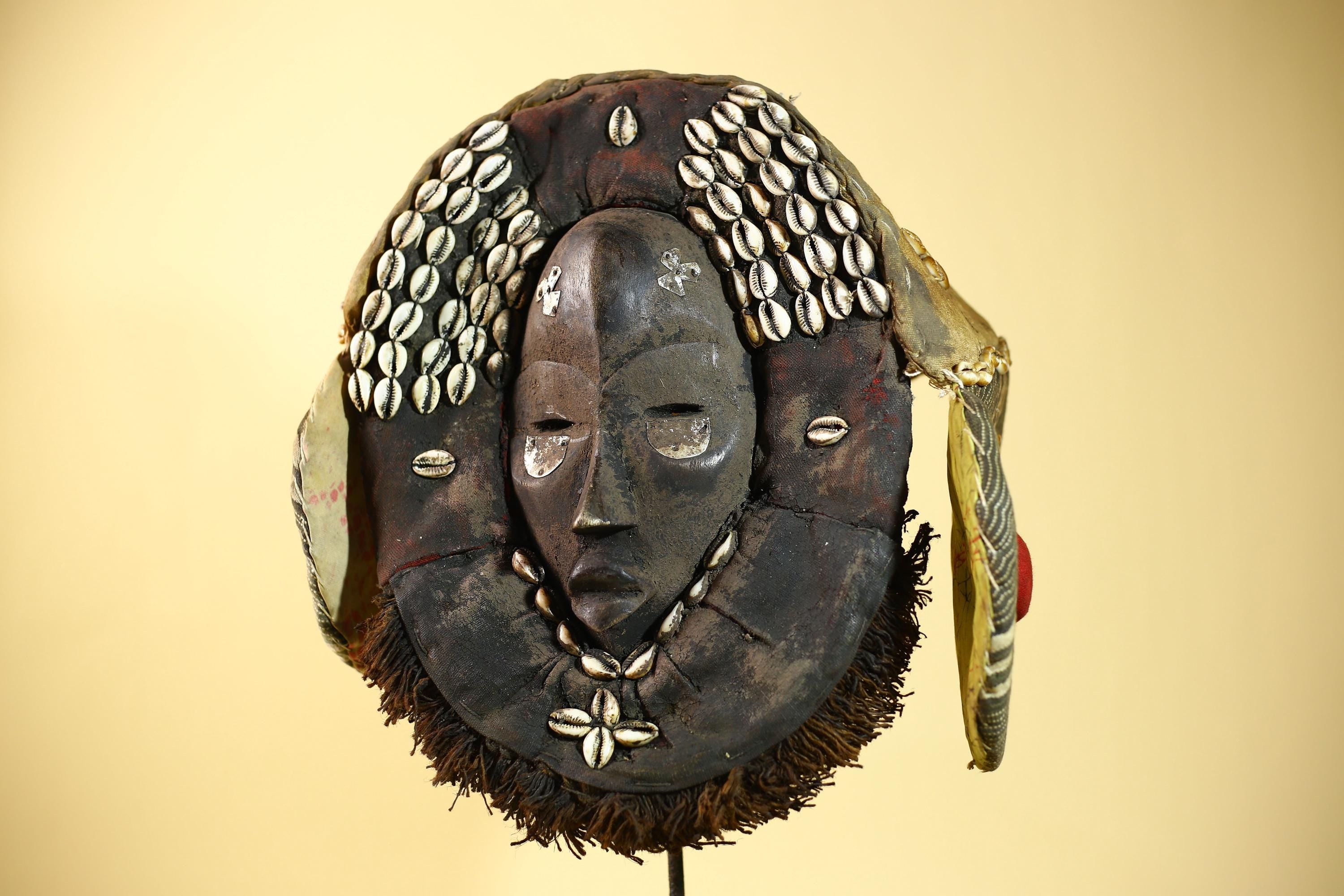 Antique Dan African Mask with Cowrie Shells Hood Tribal Ceremonial Mask-G6015