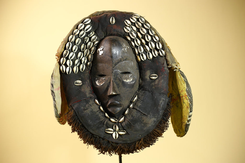 Antique Dan African Mask with Cowrie Shells Hood Tribal Ceremonial Mask-G6015