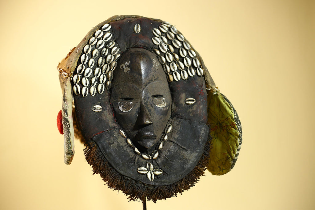 Antique Dan African Mask with Cowrie Shells Hood Tribal Ceremonial Mask-G6015