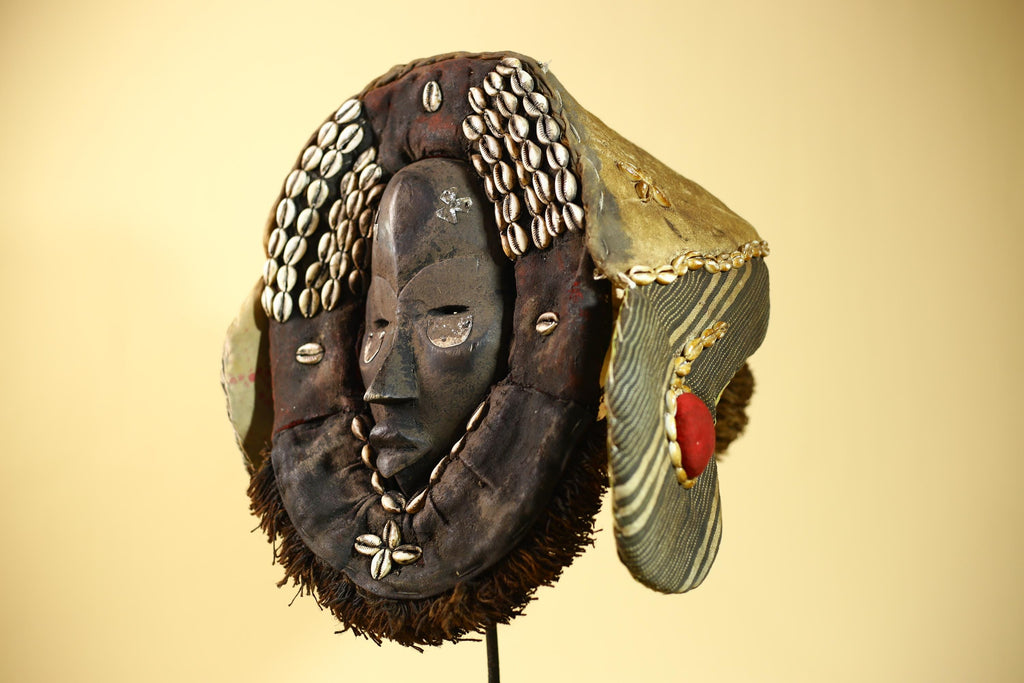 Antique Dan African Mask with Cowrie Shells Hood Tribal Ceremonial Mask-G6015