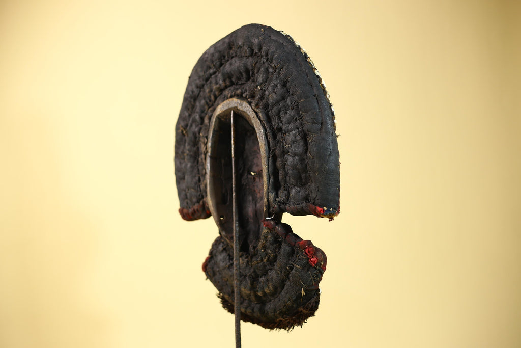 African Dan Cowrie Shell Headdress Tribal Wood Mask with Metal Inlay-G6016