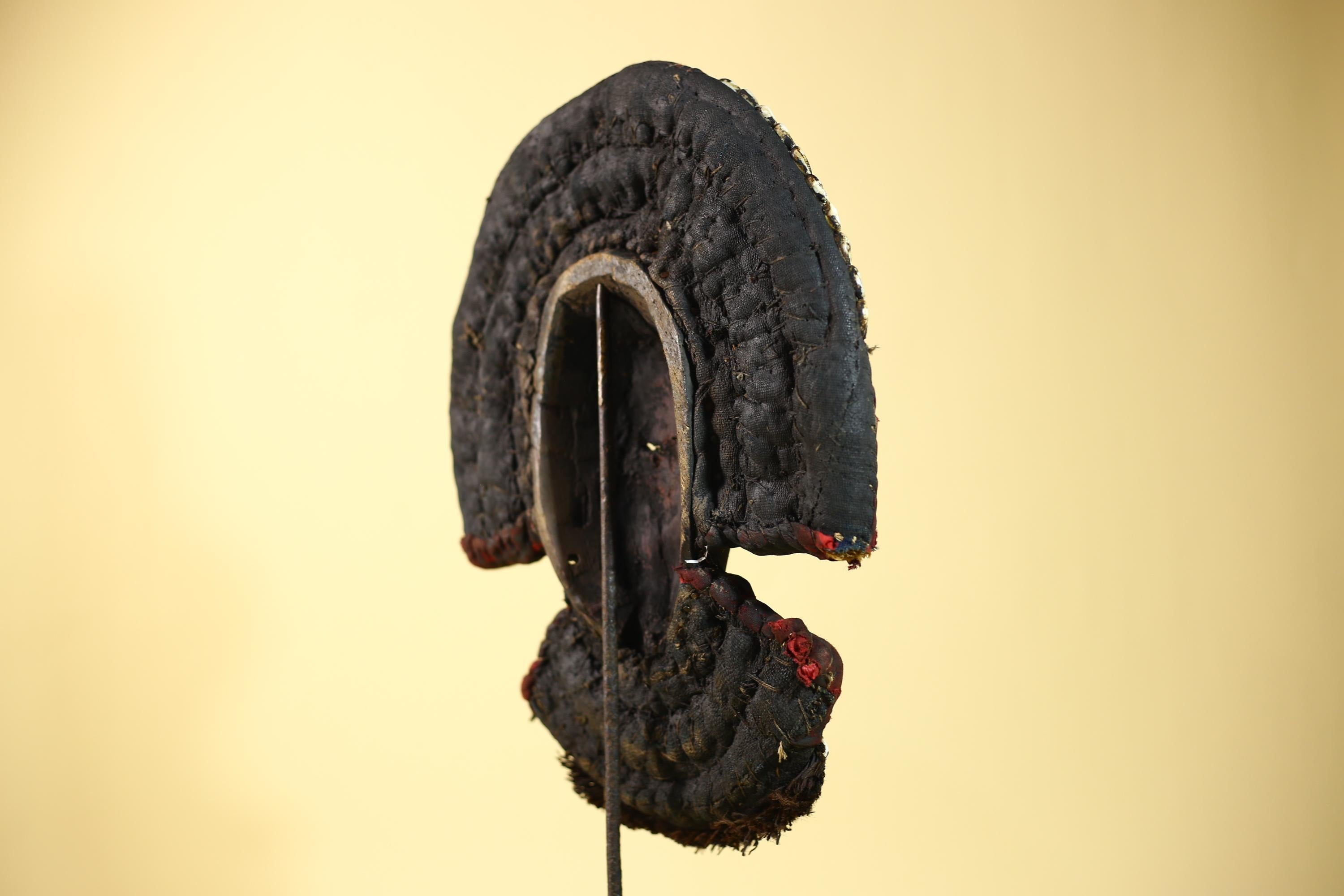 African Dan Cowrie Shell Headdress Tribal Wood Mask with Metal Inlay-G6016