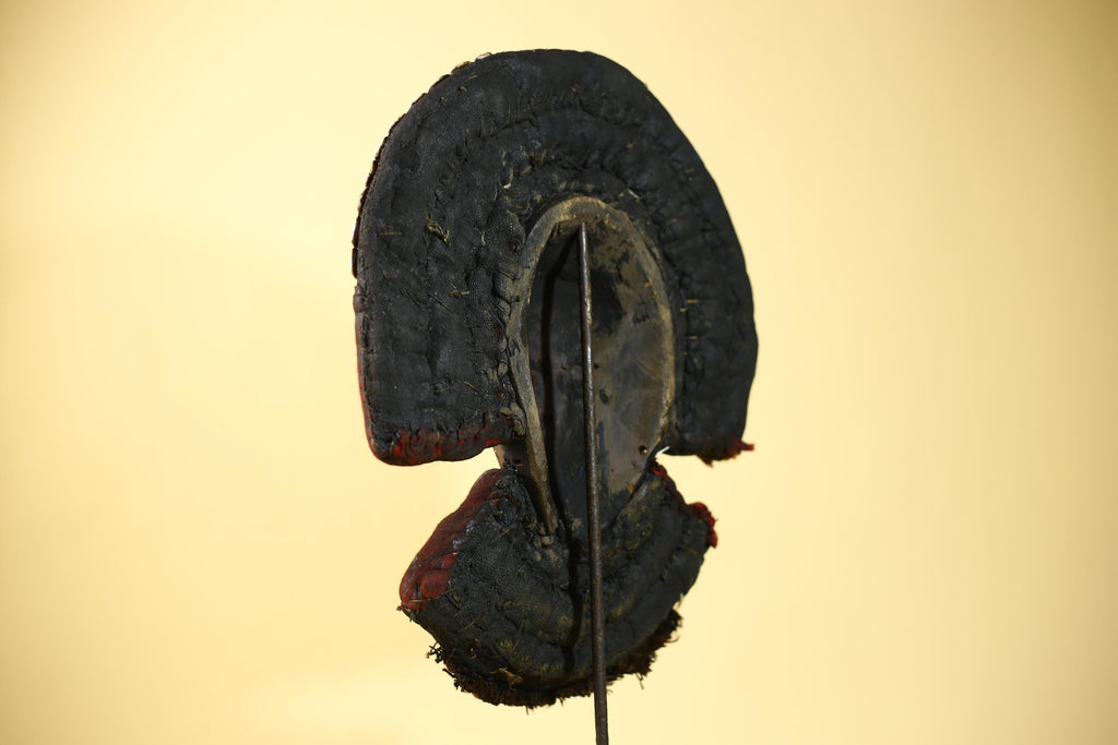 African Dan Cowrie Shell Headdress Tribal Wood Mask with Metal Inlay-G6016