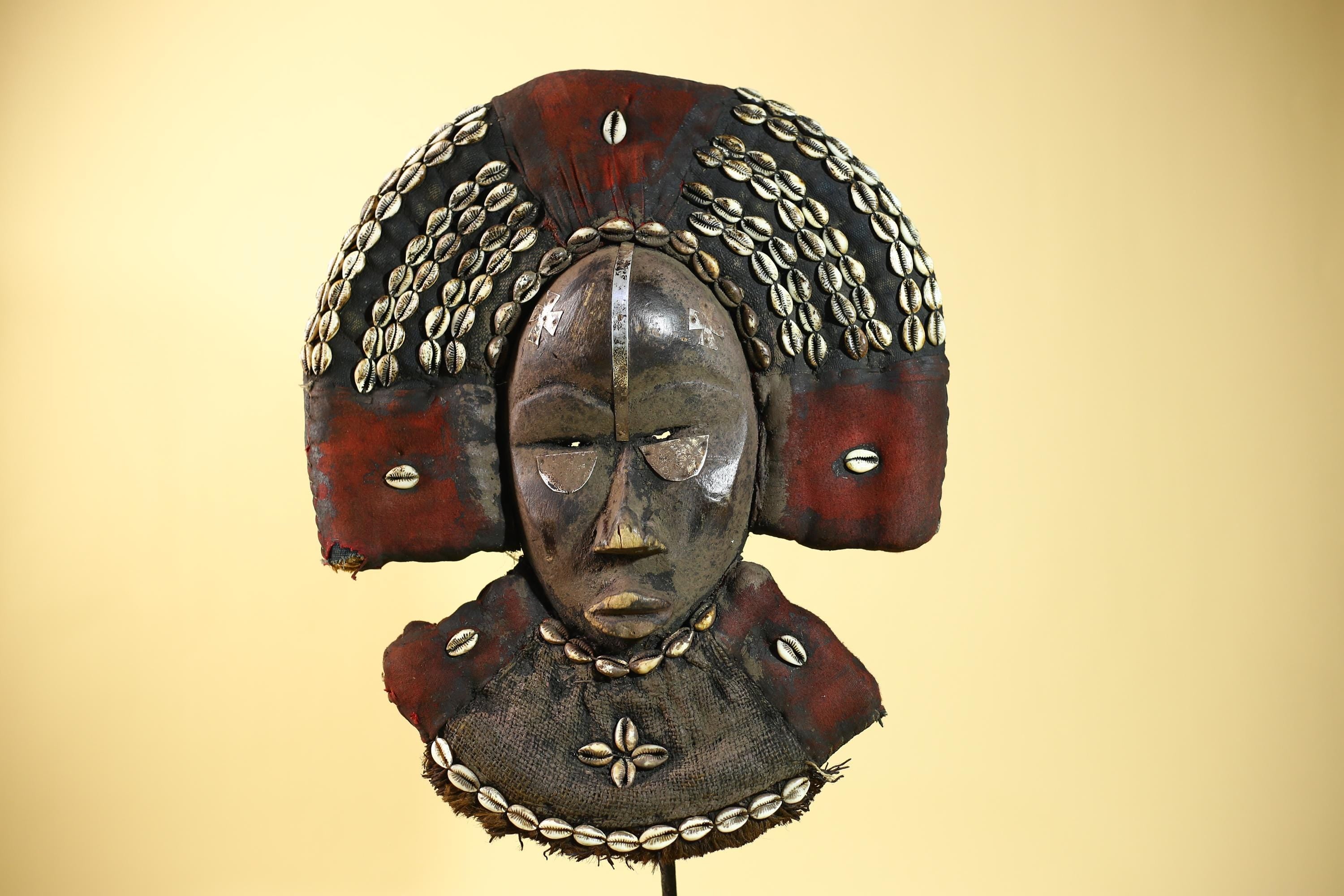 African Dan Cowrie Shell Headdress Tribal Wood Mask with Metal Inlay-G6016