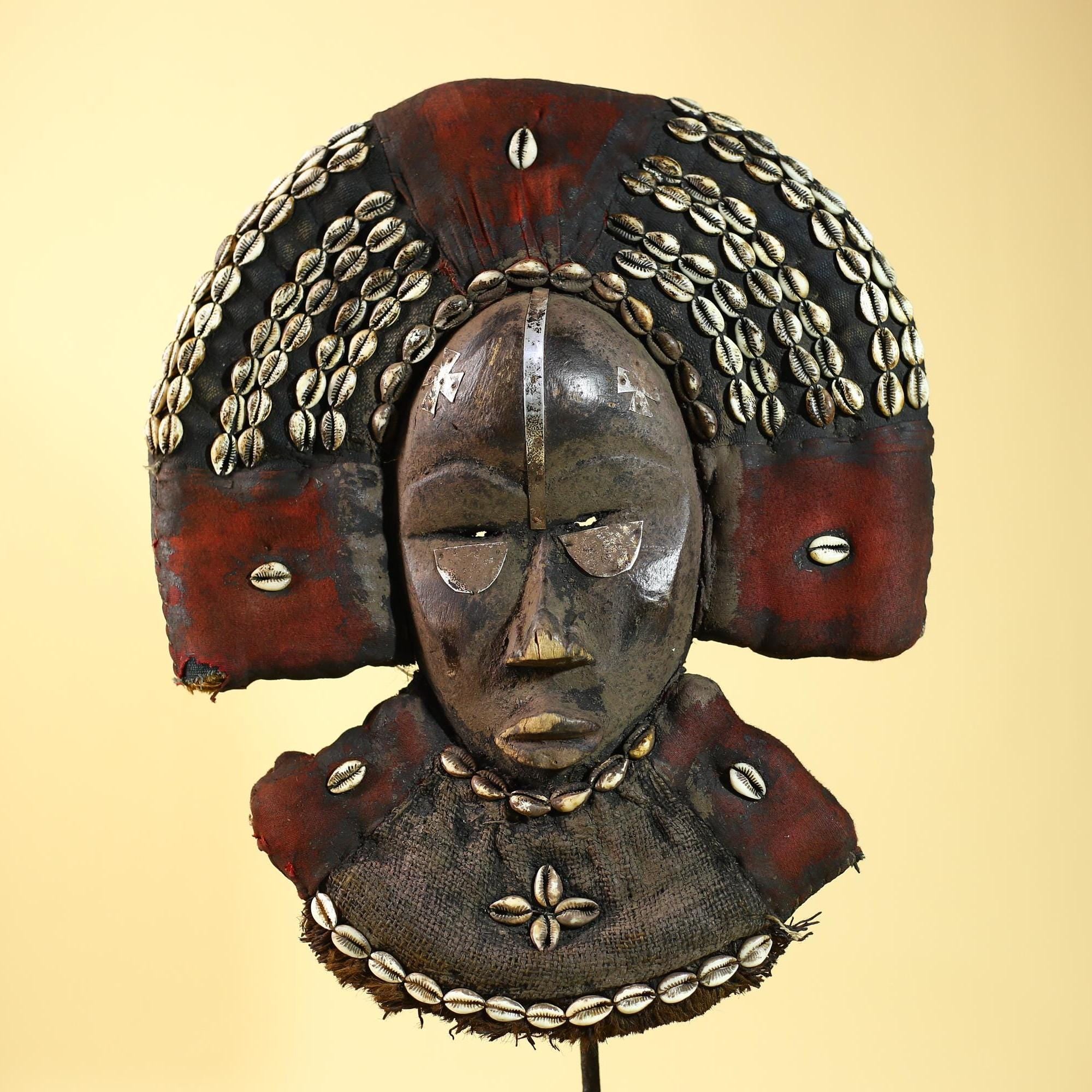 African Dan Cowrie Shell Headdress Tribal Wood Mask with Metal Inlay-G6016