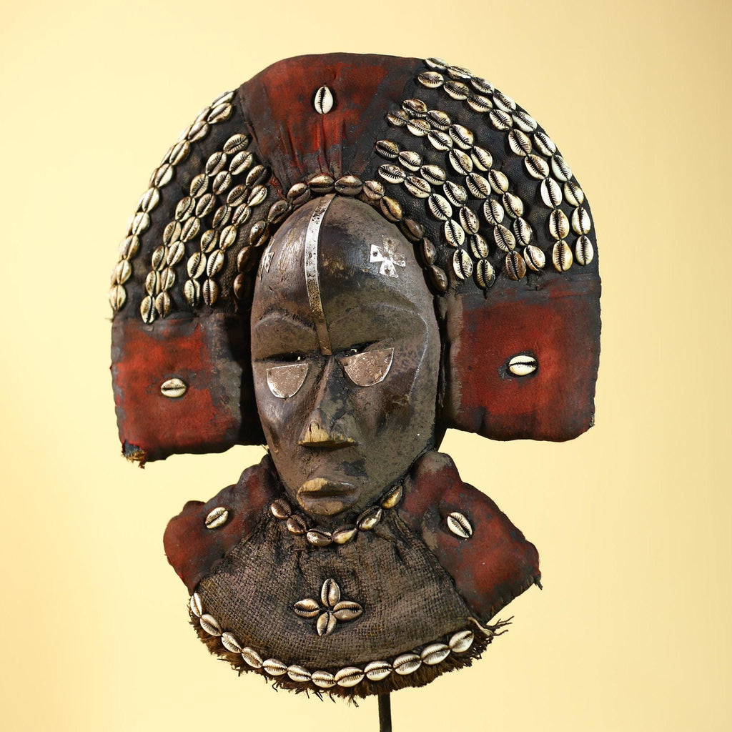 African Dan Cowrie Shell Headdress Tribal Wood Mask with Metal Inlay-G6016