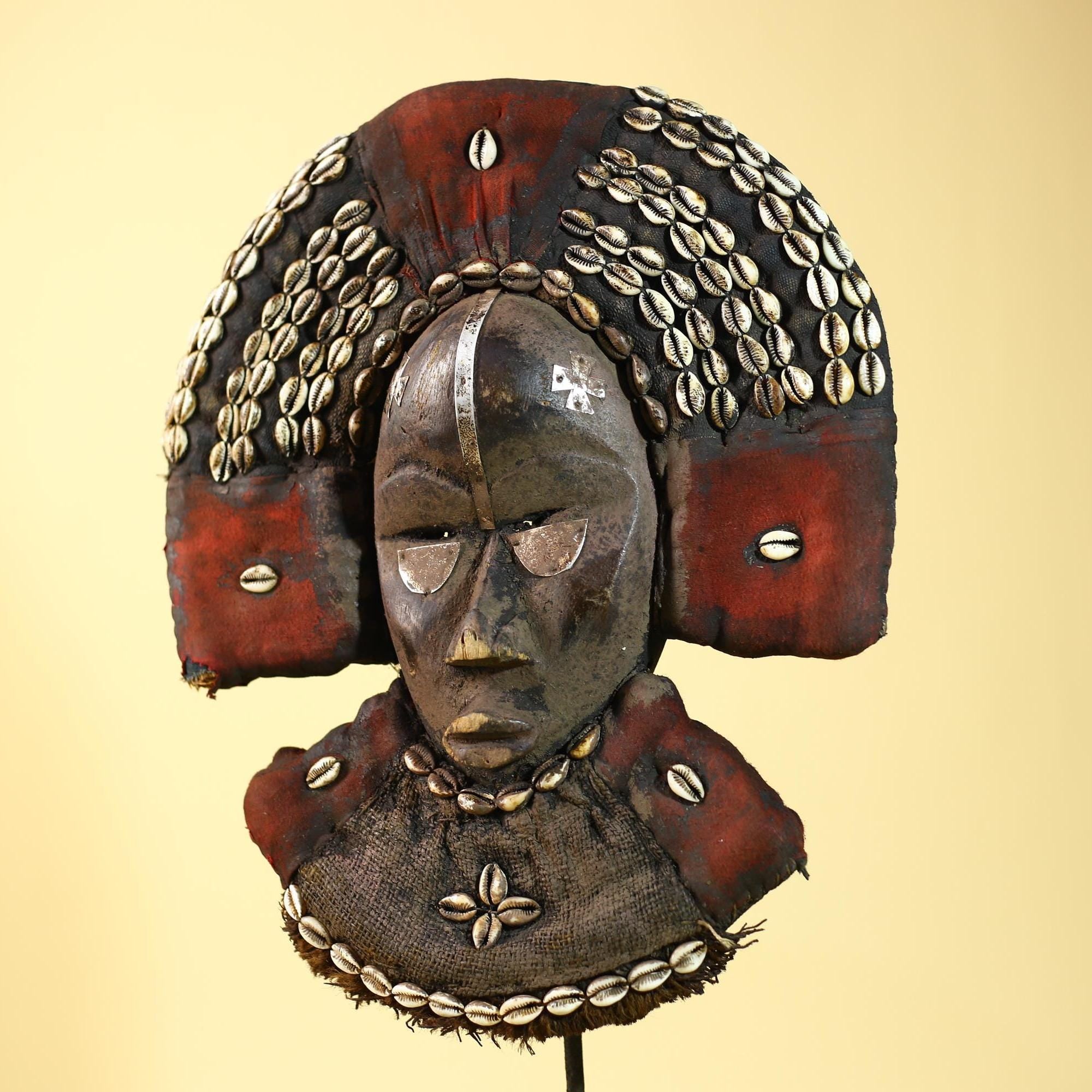 African Dan Cowrie Shell Headdress Tribal Wood Mask with Metal Inlay-G6016