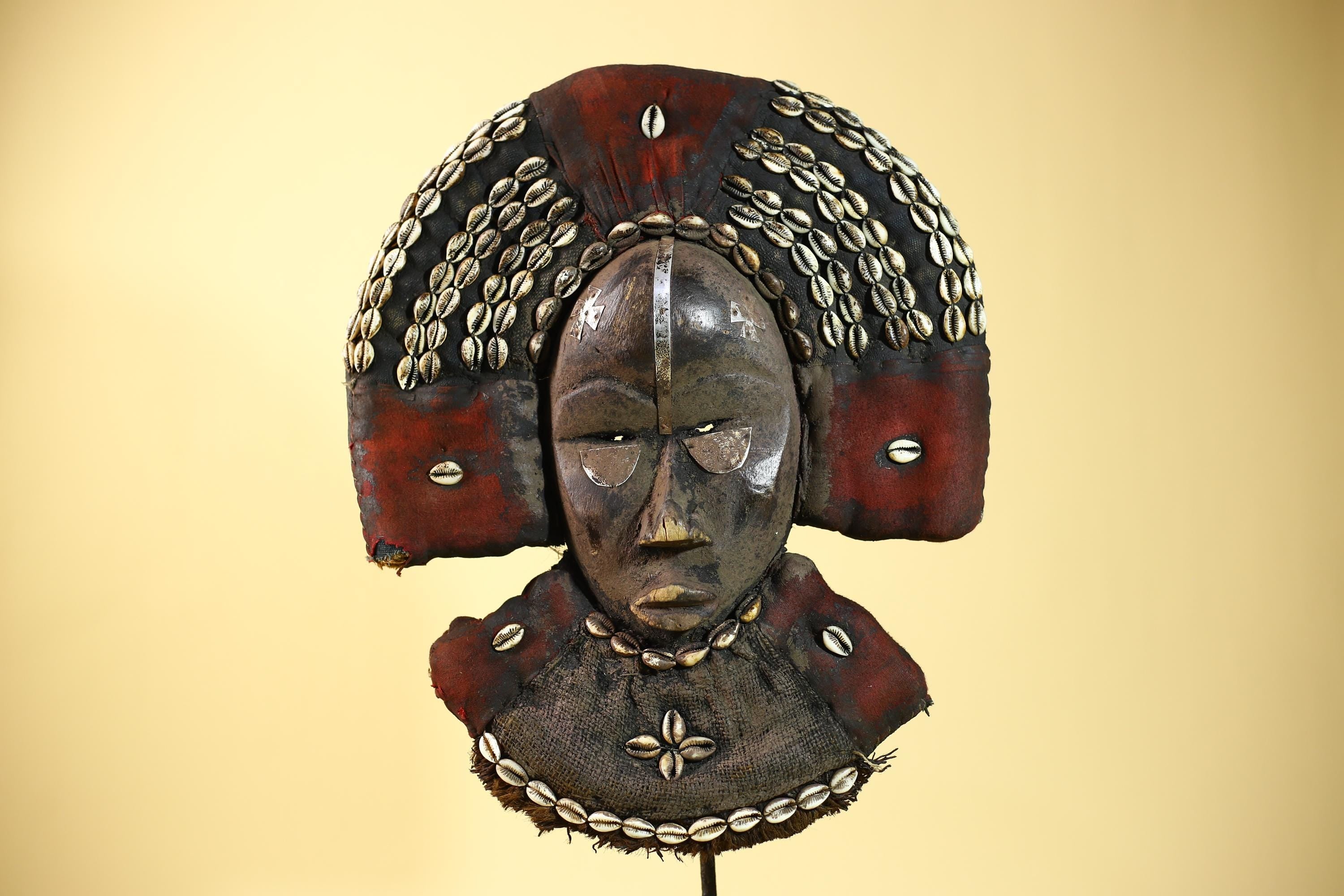 African Dan Cowrie Shell Headdress Tribal Wood Mask with Metal Inlay-G6016