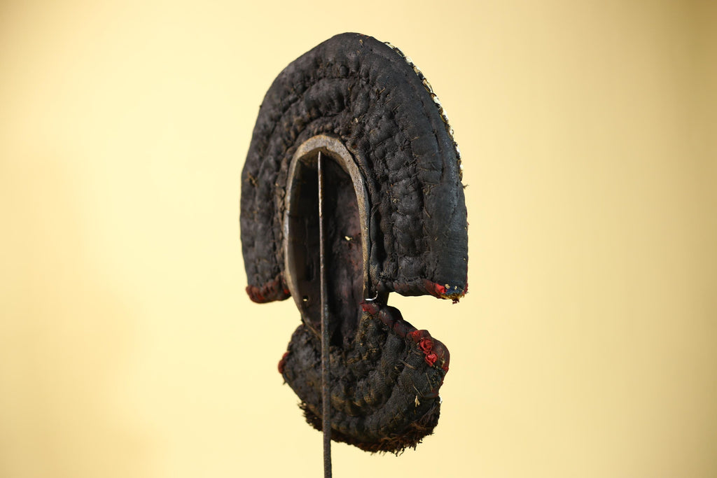 African Dan Cowrie Shell Headdress Tribal Wood Mask with Metal Inlay-G6016