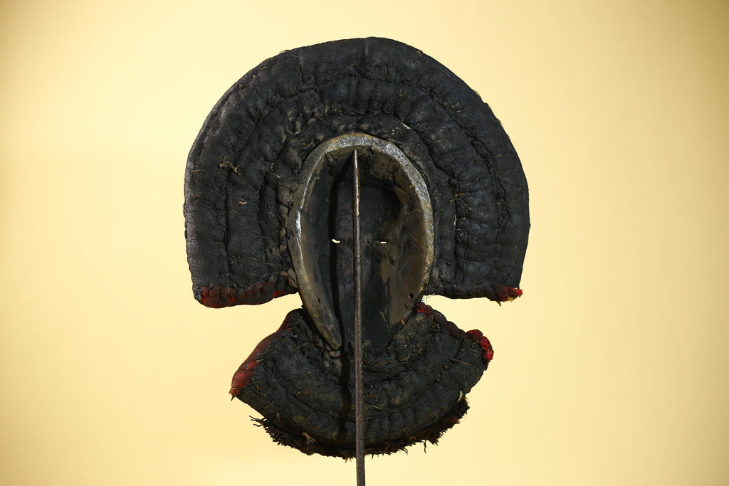 African Dan Cowrie Shell Headdress Tribal Wood Mask with Metal Inlay-G6016