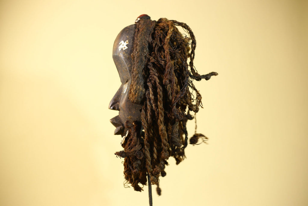 African Vintage Dan Mask Braided Fiber Hair Cowrie Shell Metal Inlay Eyes-G6018