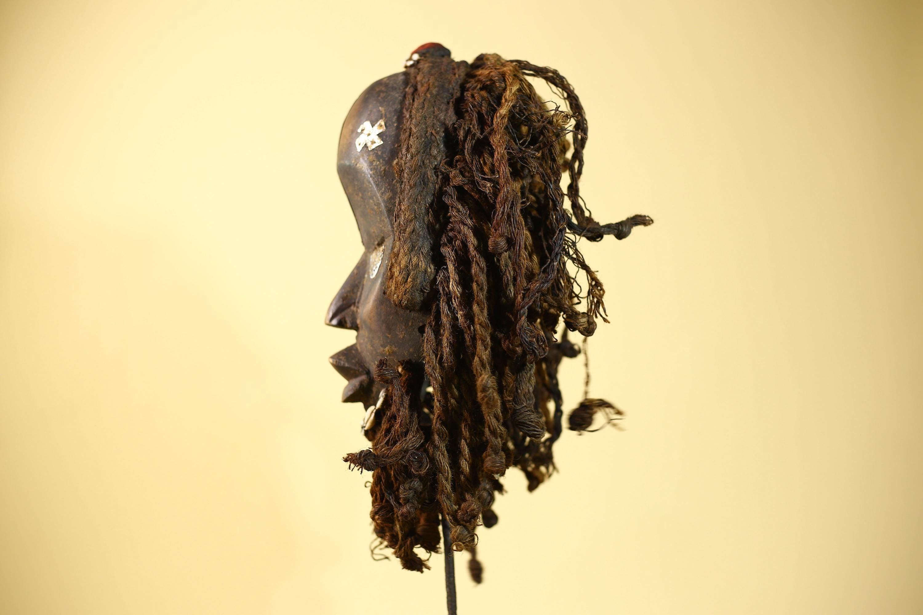 African Vintage Dan Mask Braided Fiber Hair Cowrie Shell Metal Inlay Eyes-G6018