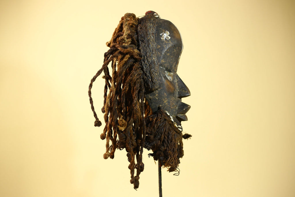 African Vintage Dan Mask Braided Fiber Hair Cowrie Shell Metal Inlay Eyes-G6018