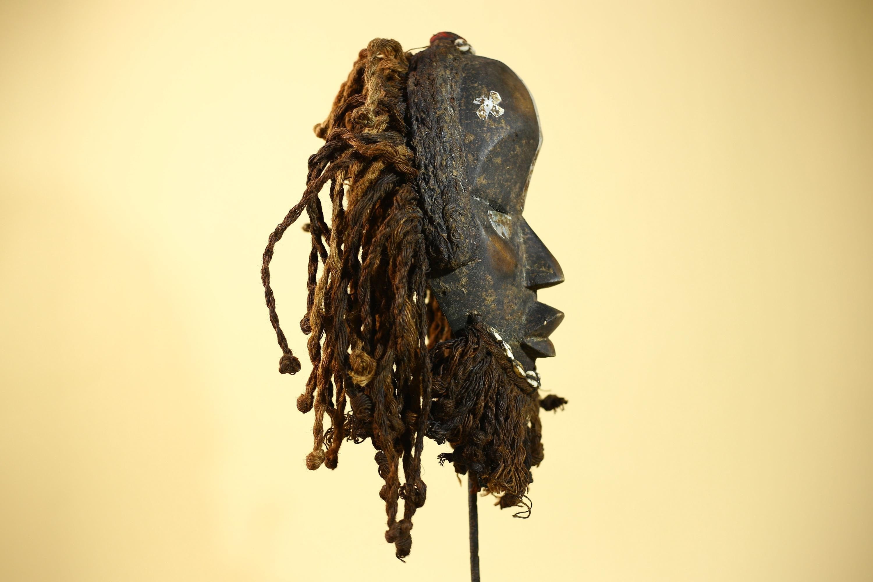 African Vintage Dan Mask Braided Fiber Hair Cowrie Shell Metal Inlay Eyes-G6018