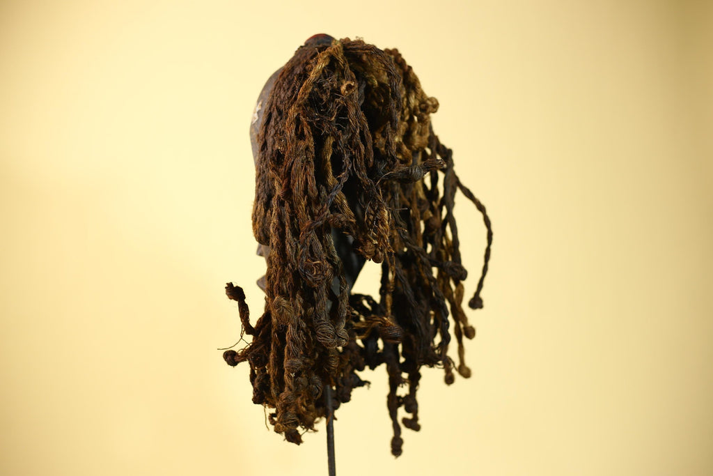African Vintage Dan Mask Braided Fiber Hair Cowrie Shell Metal Inlay Eyes-G6018