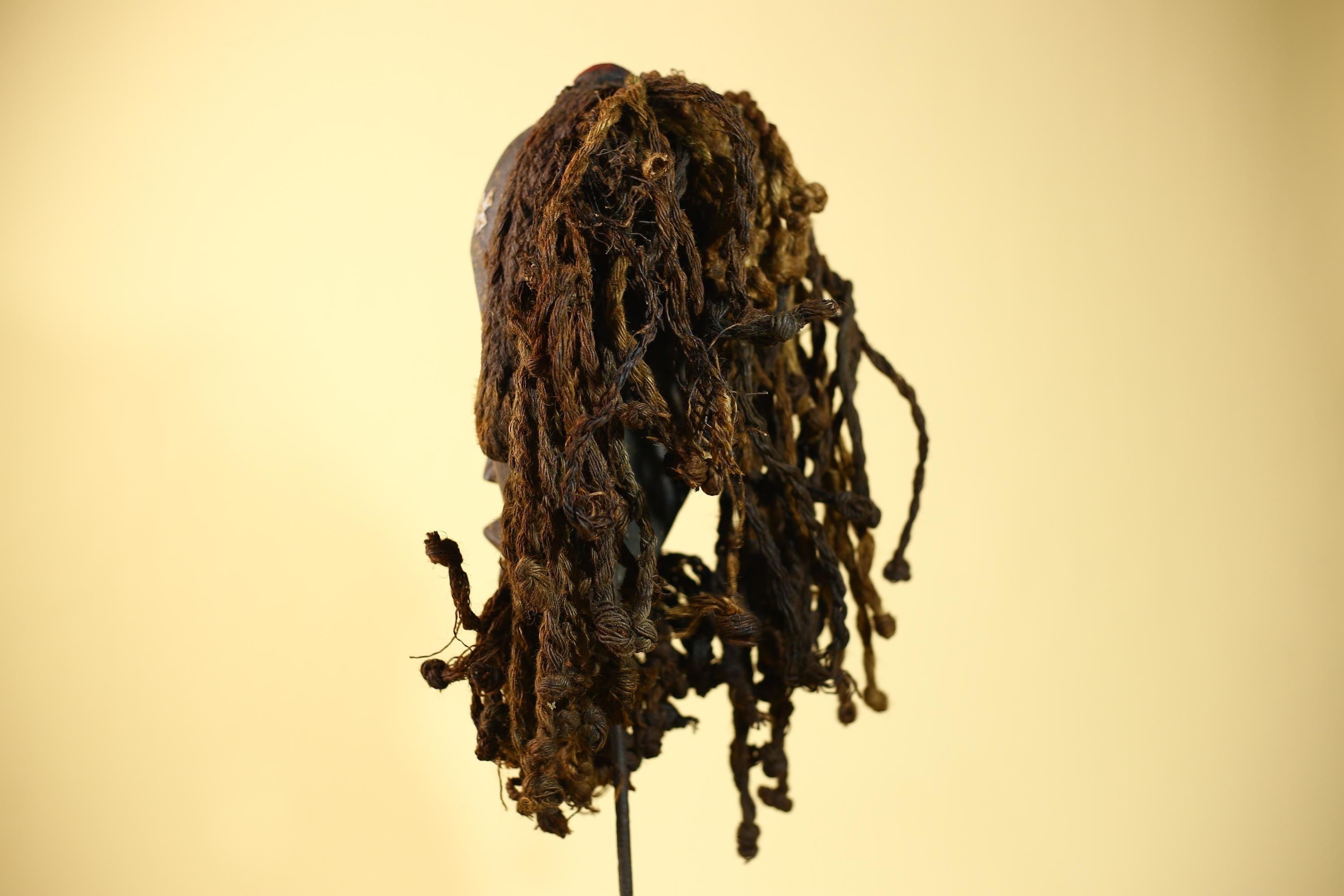 African Vintage Dan Mask Braided Fiber Hair Cowrie Shell Metal Inlay Eyes-G6018