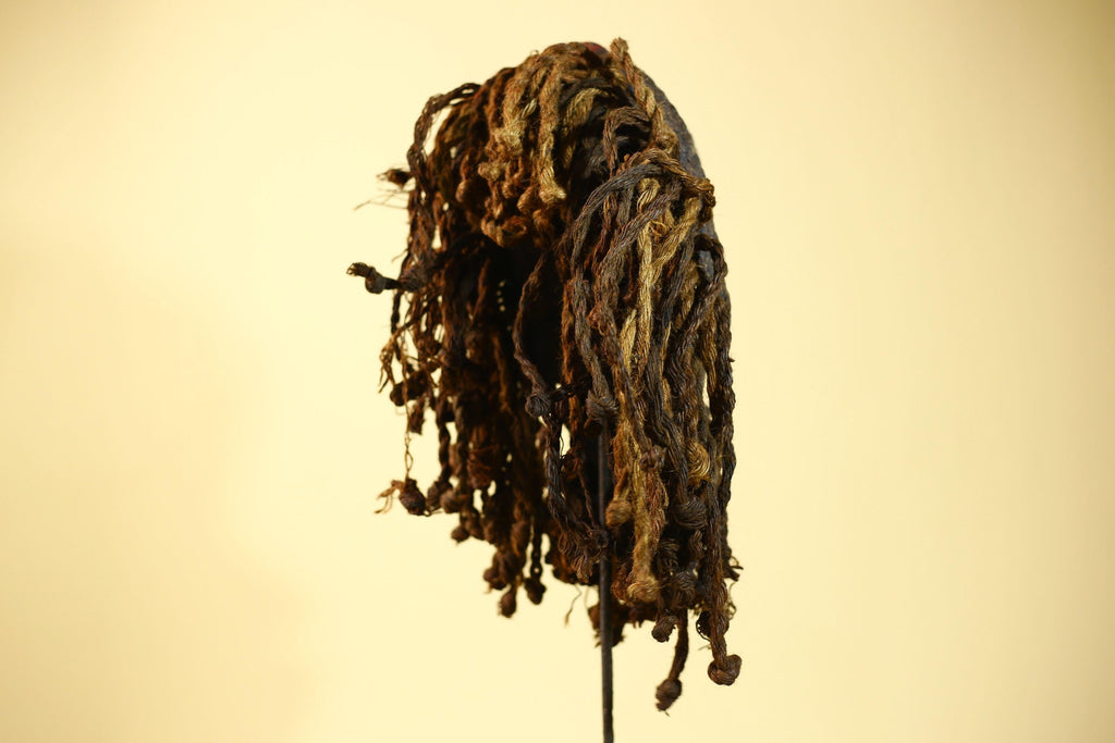 African Vintage Dan Mask Braided Fiber Hair Cowrie Shell Metal Inlay Eyes-G6018