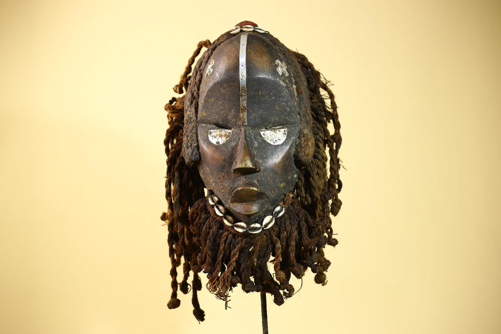 African Vintage Dan Mask Braided Fiber Hair Cowrie Shell Metal Inlay Eyes-G6018