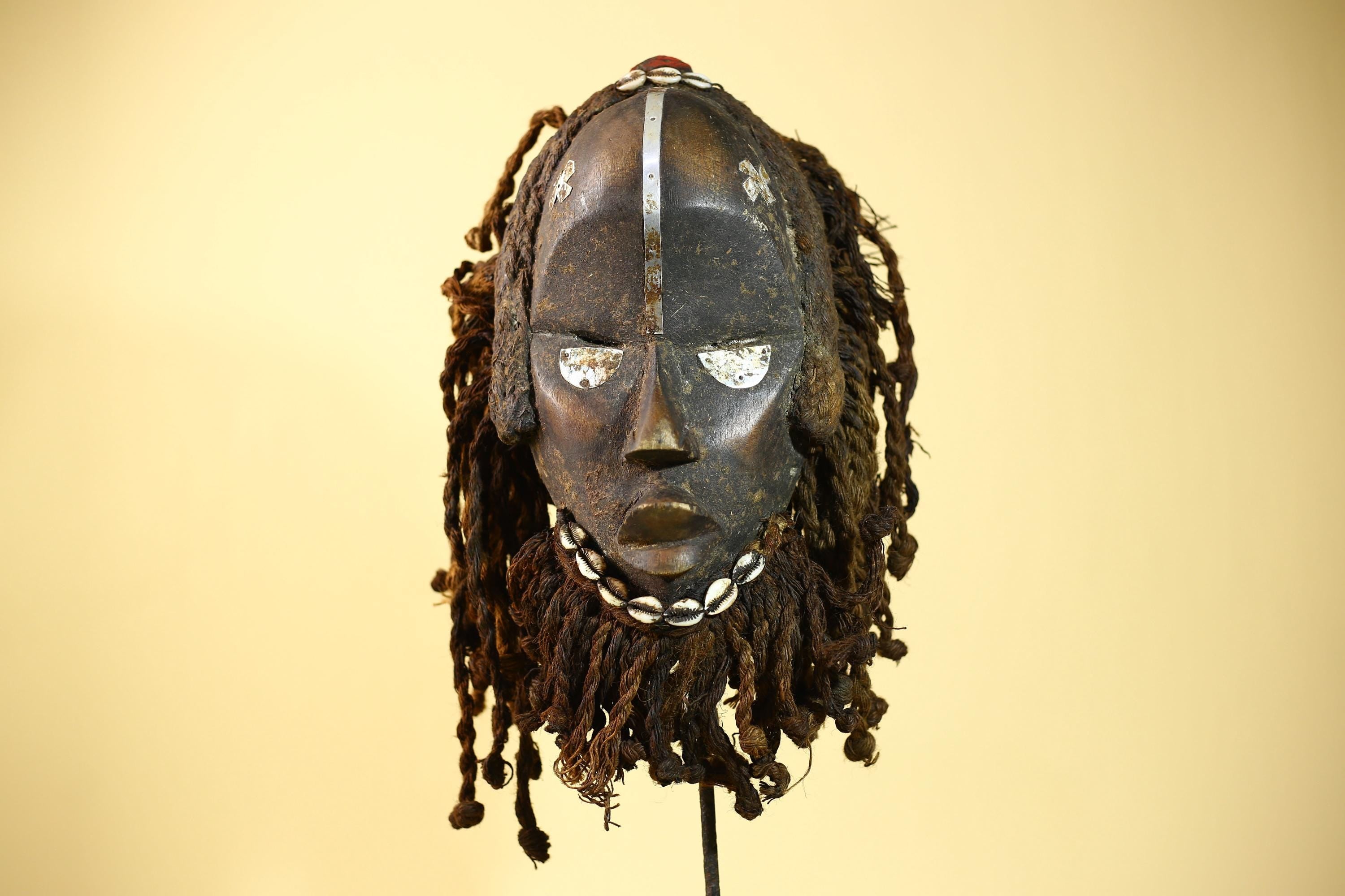 African Vintage Dan Mask Braided Fiber Hair Cowrie Shell Metal Inlay Eyes-G6018