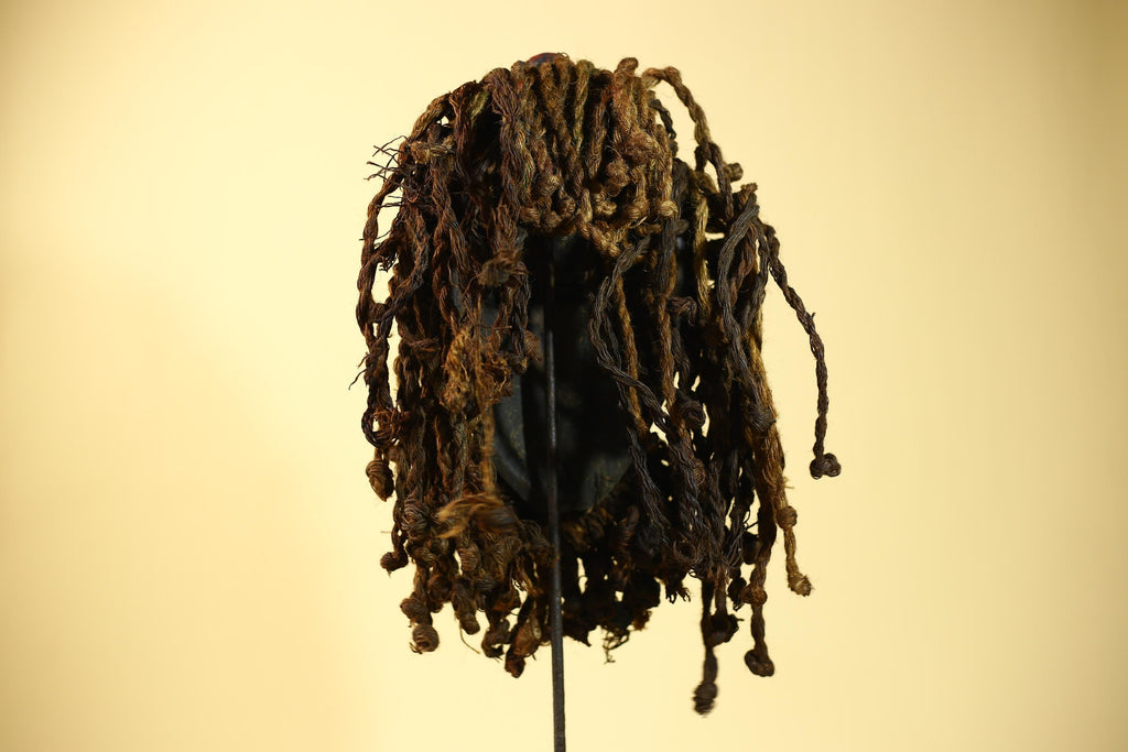 African Vintage Dan Mask Braided Fiber Hair Cowrie Shell Metal Inlay Eyes-G6018