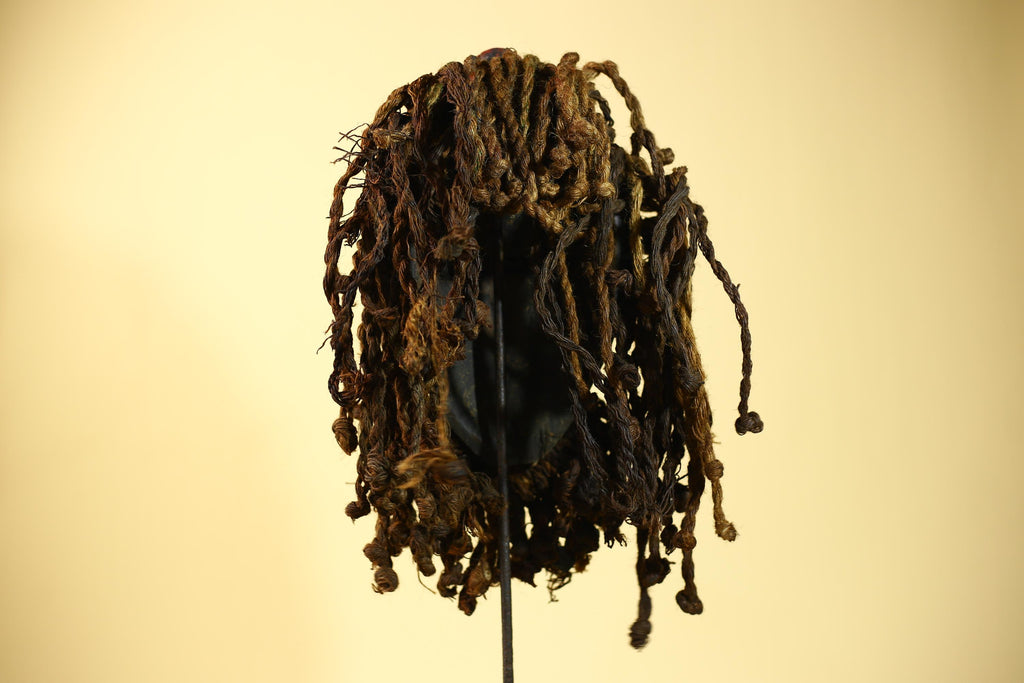 African Vintage Dan Mask Braided Fiber Hair Cowrie Shell Metal Inlay Eyes-G6018