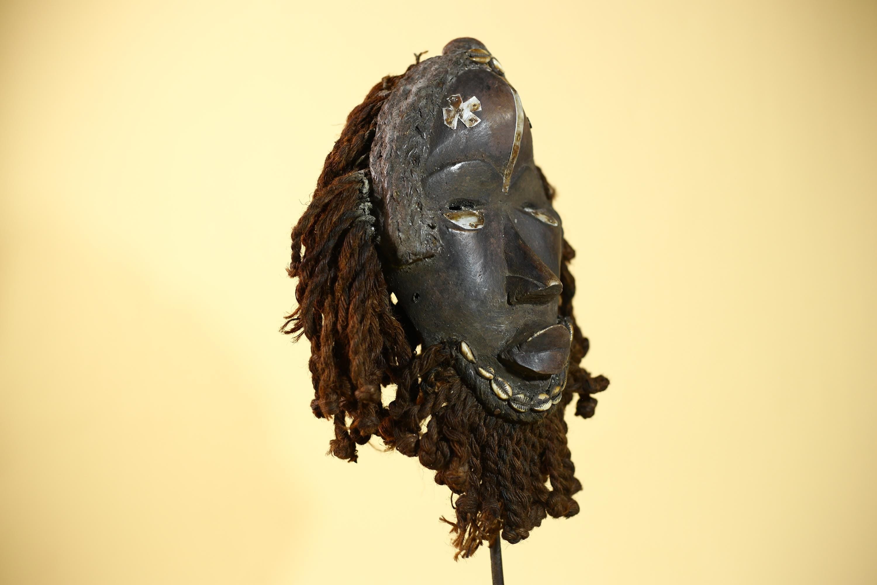 African Vintage Dan Tribal Mask with Braided & Cowrie Shells Côte d’Ivoire-G6019