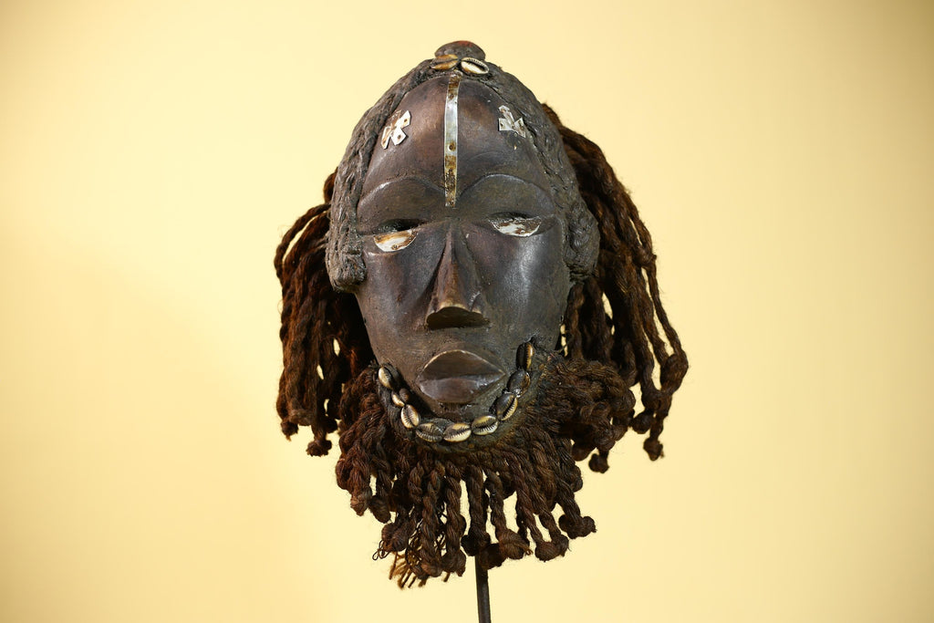 African Vintage Dan Tribal Mask with Braided & Cowrie Shells Côte d’Ivoire-G6019