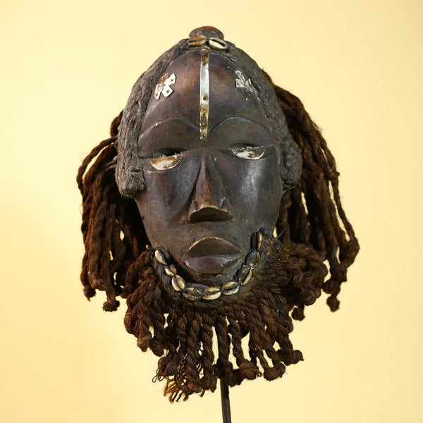 African Vintage Dan Tribal Mask with Braided & Cowrie Shells Côte d’Ivoire-G6019