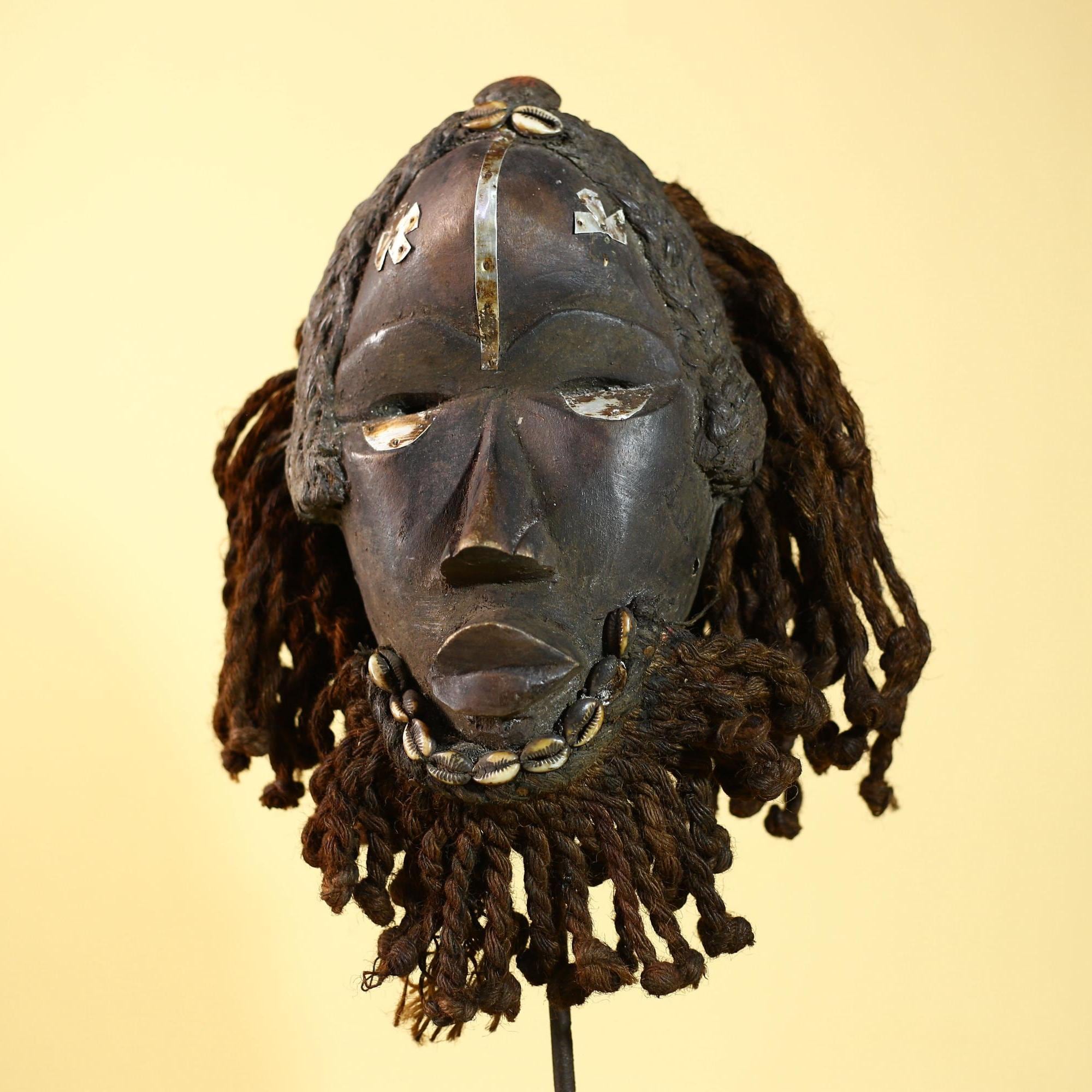 African Vintage Dan Tribal Mask with Braided & Cowrie Shells Côte d’Ivoire-G6019