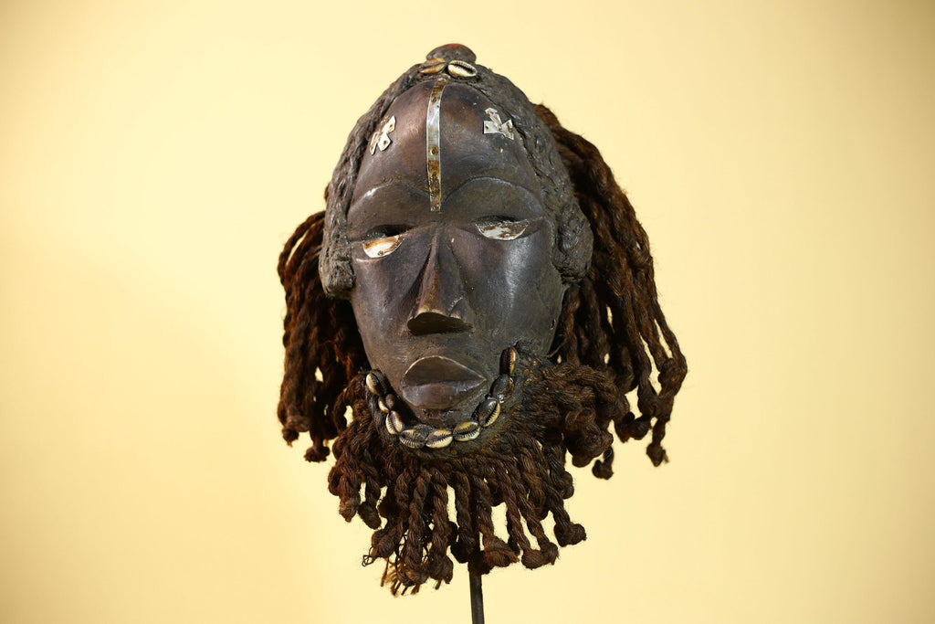 African Vintage Dan Tribal Mask with Braided & Cowrie Shells Côte d’Ivoire-G6019