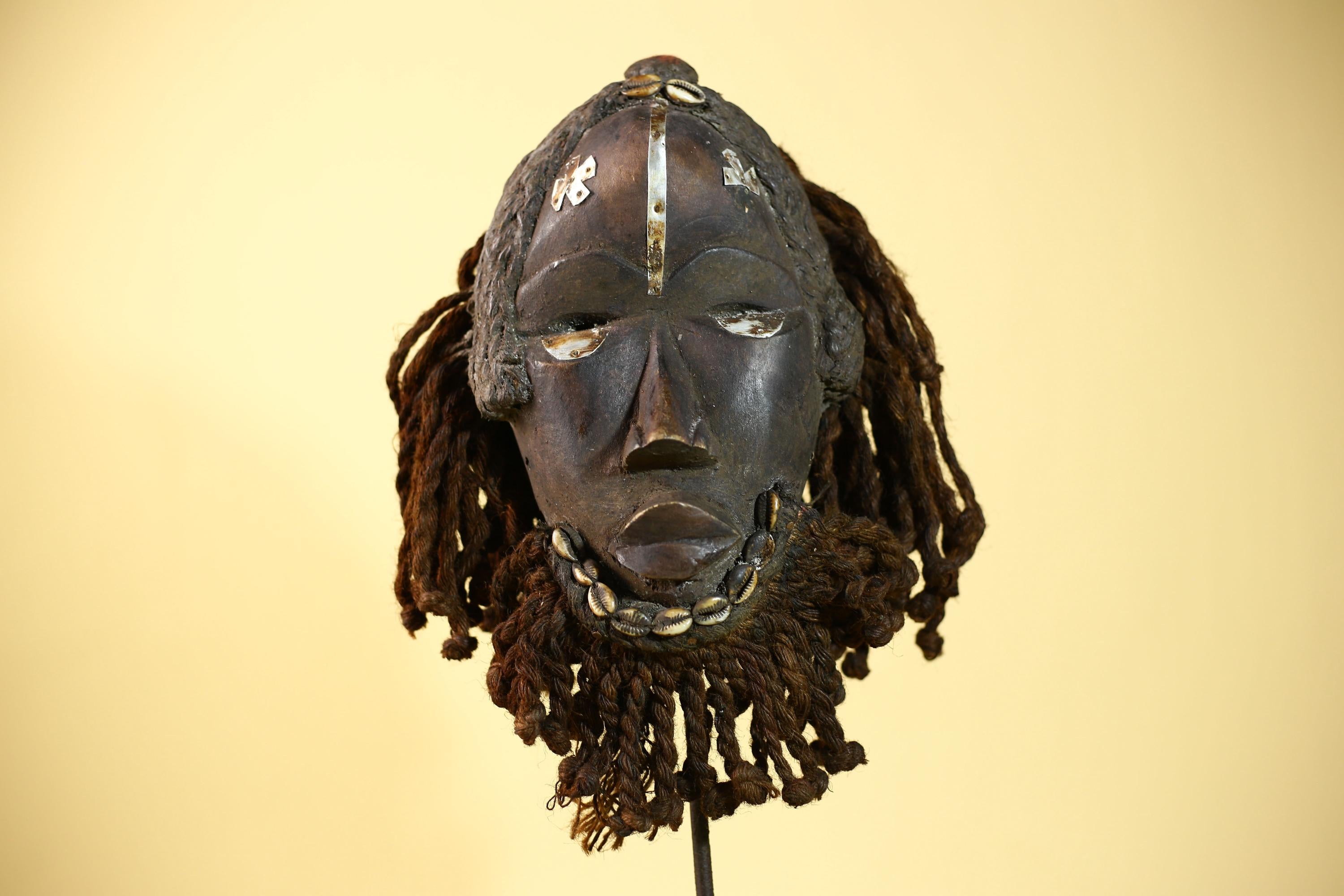 African Vintage Dan Tribal Mask with Braided & Cowrie Shells Côte d’Ivoire-G6019